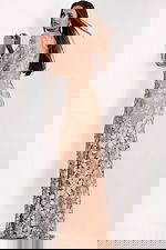 Back view of full-length beige lace sheath dress