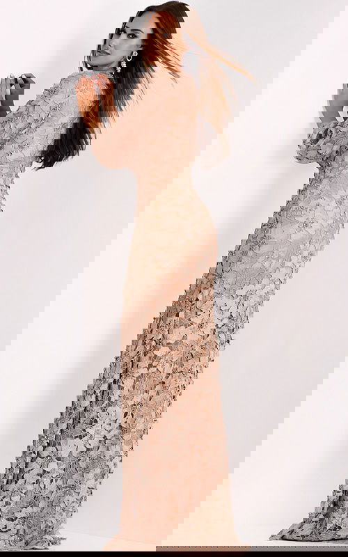 Back view of full-length beige lace sheath dress