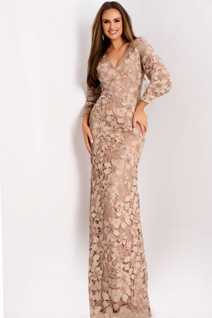 Long sleeve lace gown with floral appliqué and V-neckline