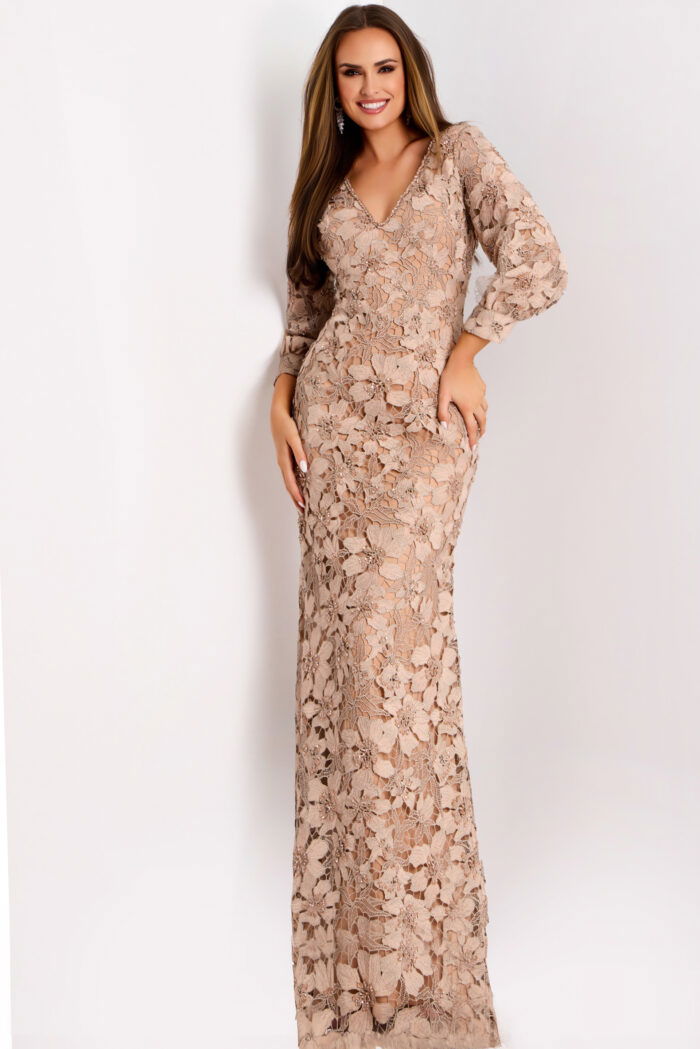 Long sleeve lace gown with floral appliqué and V-neckline