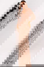 Long sleeve lace gown with floral appliqué and V-neckline