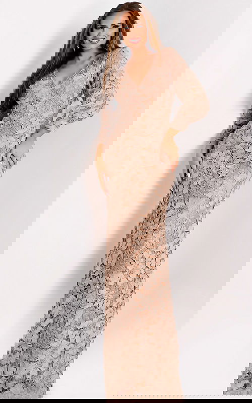 Long sleeve lace gown with floral appliqué and V-neckline