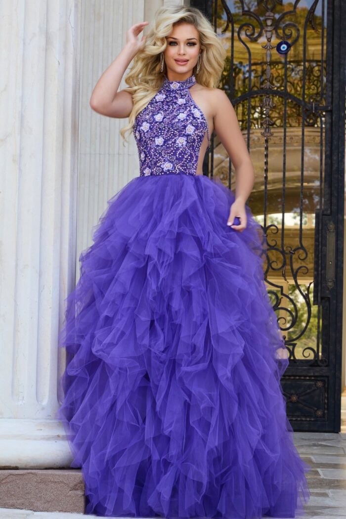 Model in Jovani 40218 lilac gown with voluminous tulle layers.
