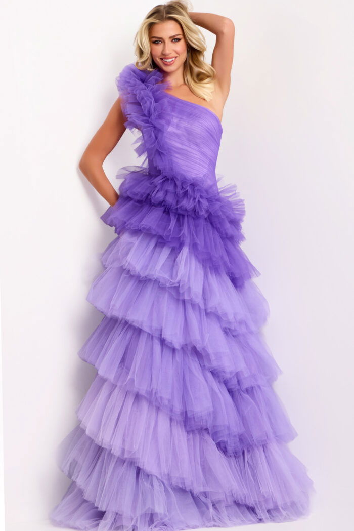 One shoulder purple ball gown with ruffled tulle tiers