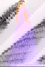 Back view of tiered purple ruffle gown with structured fit