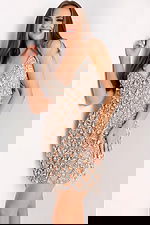 Nude short embellished dress with deep V neckline and tassel beading