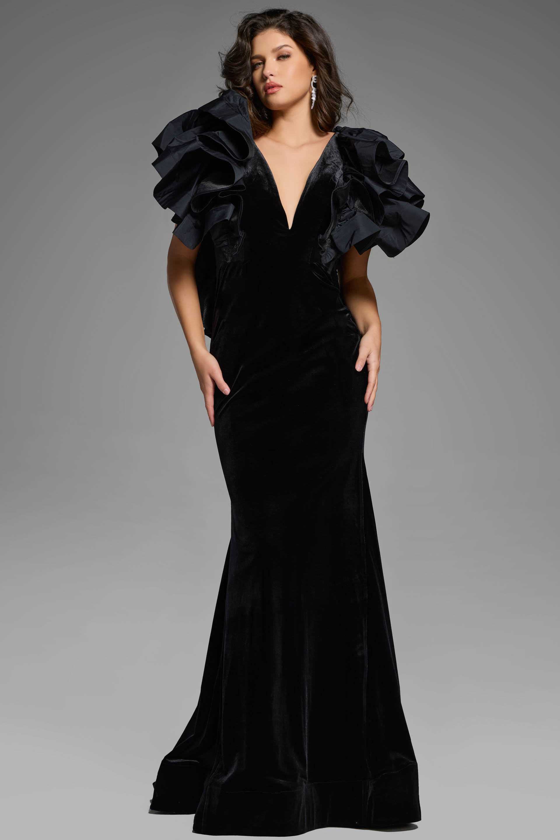 40289_BLK_020 Elegant velvet gown with dramatic ruffled shoulders and deep V-neckline