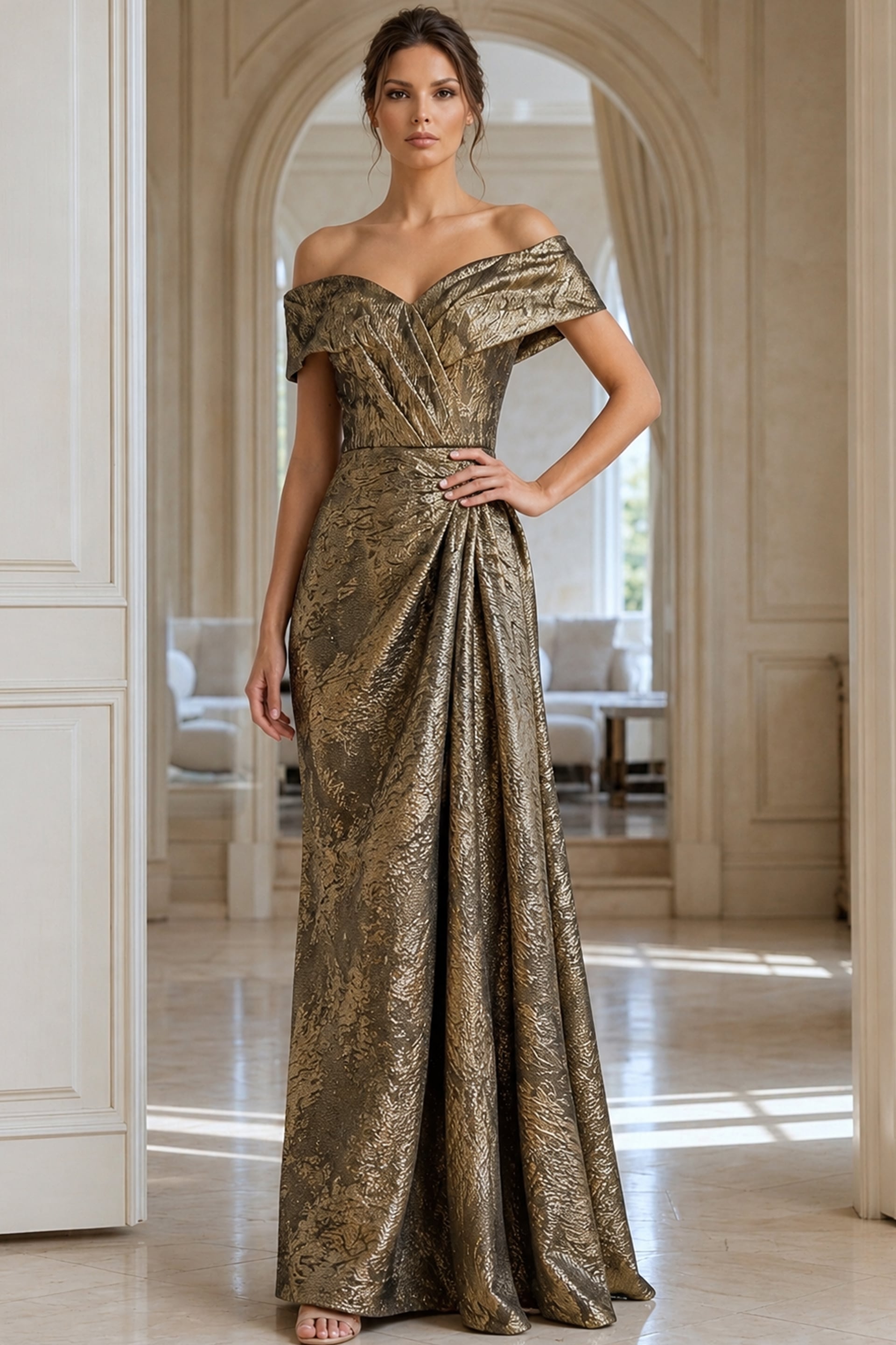 40296 Green Off-Shoulder Gown with Textured Fabric | Jovani