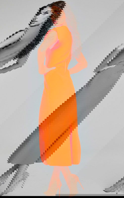 Model in Jovani 40300 orange dress, back view showcasing the elegant silhouette.