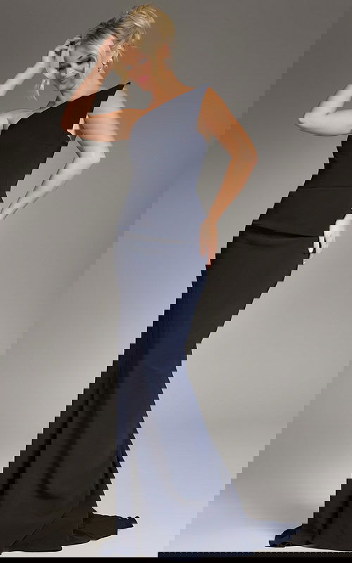 Model wearing Jovani 40301 navy one-shoulder evening gown, front view.