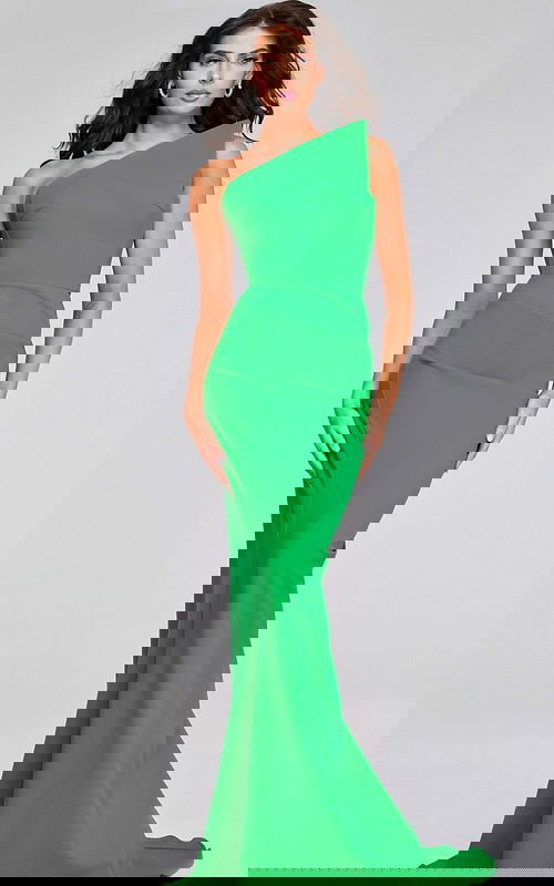 Model wearing Jovani 40301 green gown with one-shoulder neckline, front view.