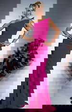 One shoulder fitted gown with clean lines, structured bodice, and a smooth floor length silhouette creating a modern, elegant look