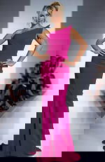 One shoulder fitted gown with clean lines, structured bodice, and a smooth floor length silhouette creating a modern, elegant look