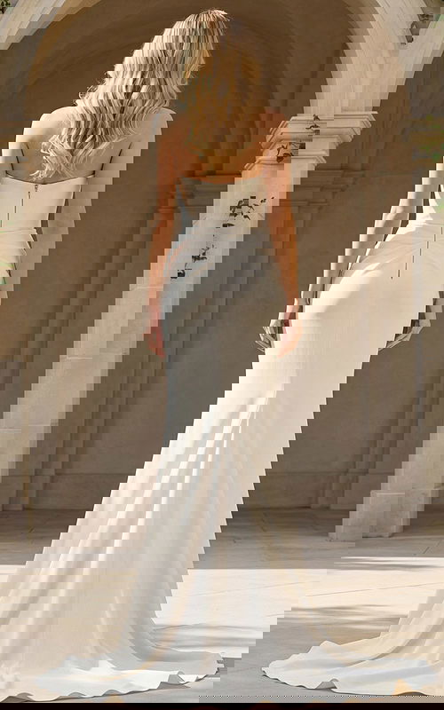 Back view of fitted bridal gown with strapless back and flowing train