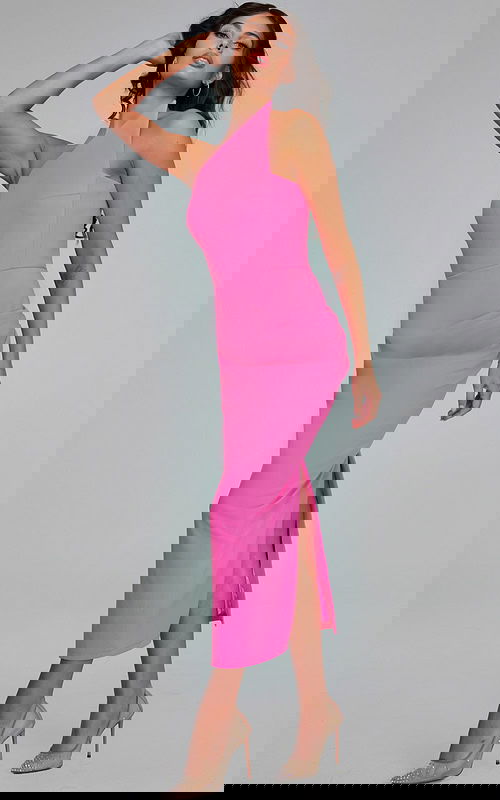 Model wearing Jovani 40302 pink dress with asymmetrical neckline and fitted silhouette.