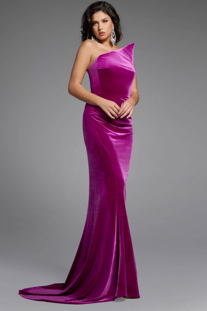One-shoulder velvet evening gown front view