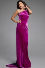 Side profile of a one-shoulder fitted velvet gown