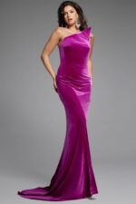 Full-length one-shoulder velvet gown with elegant drape