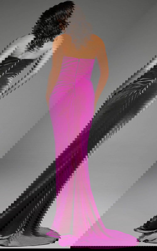 Back view of a one-shoulder luxurious velvet evening dress