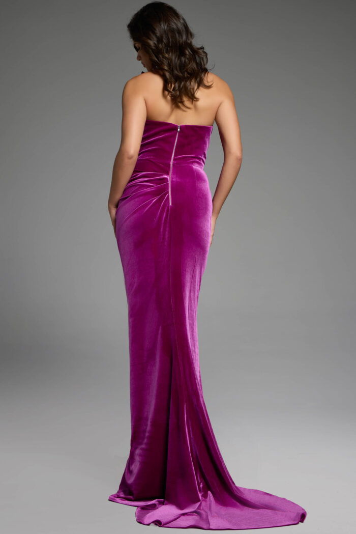 Back view of a one-shoulder luxurious velvet evening dress