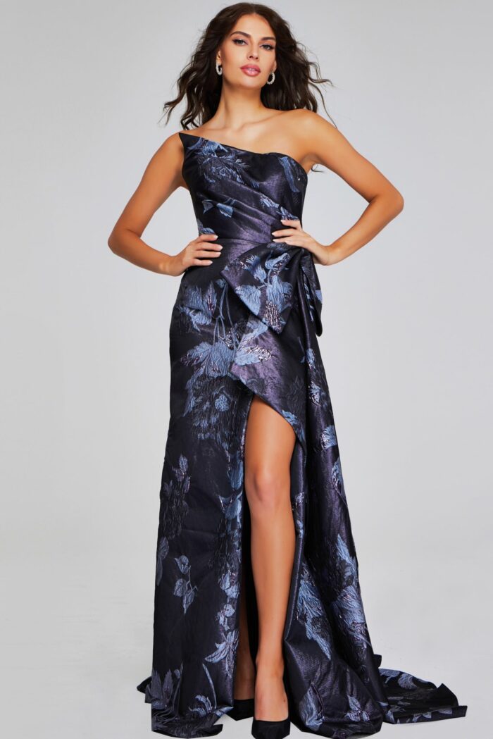 Model wearing Jovani 40308 print floor-length gown with asymmetrical neckline, front view.