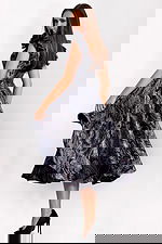 Grey purple metallic A-line evening dress with ruffle shoulders