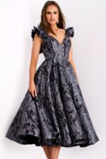 Textured V-neck formal dress with high-low hem