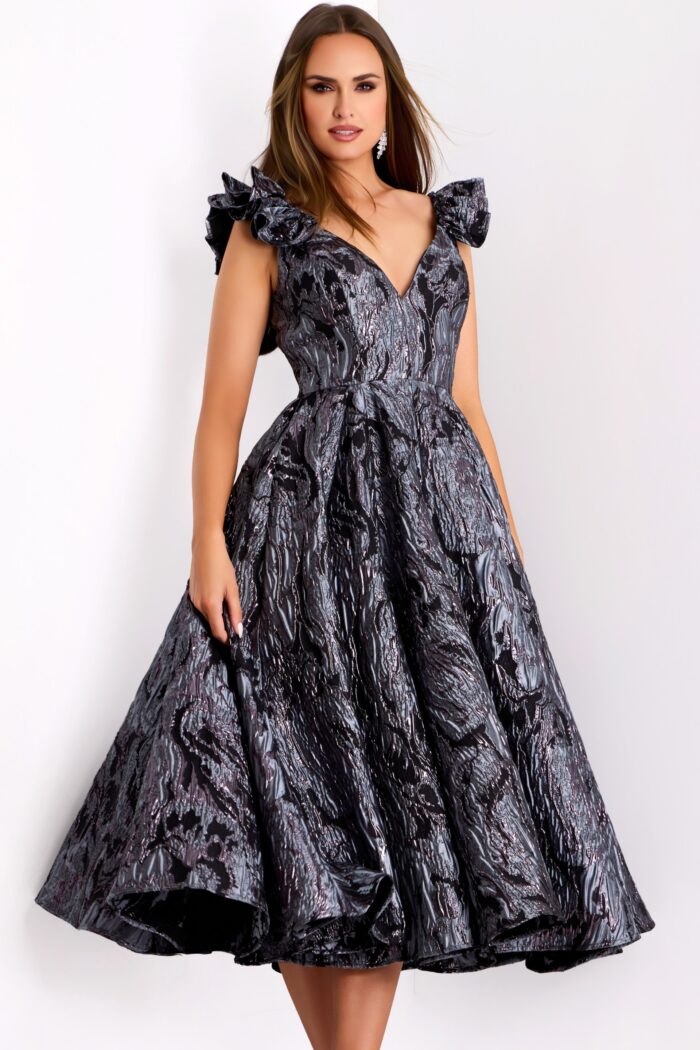 Textured V-neck formal dress with high-low hem