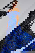 Striking Royal Blue and Black Off-Shoulder Gown with Puff Sleeves