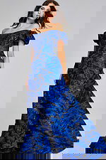 Close-up of Jovani 40315 showing off-the-shoulder neckline and puff sleeves.