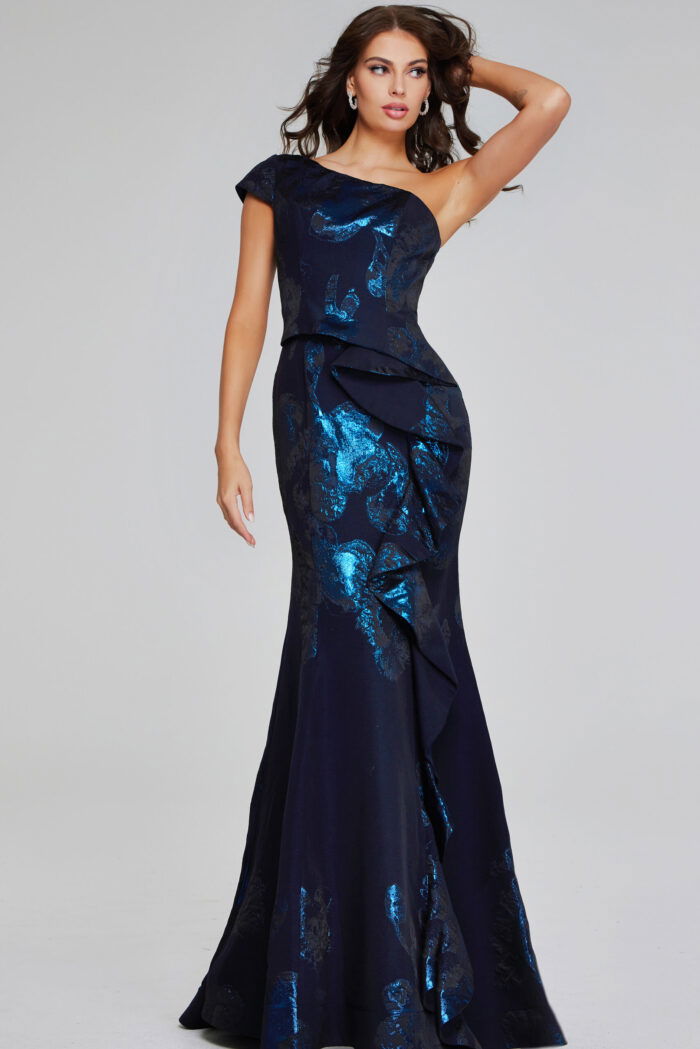Full-length view of model in Jovani 40320 navy dress with ruffle accents and shimmering fabric.