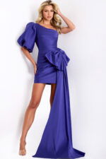 Indigo one-shoulder mini dress with puff sleeve