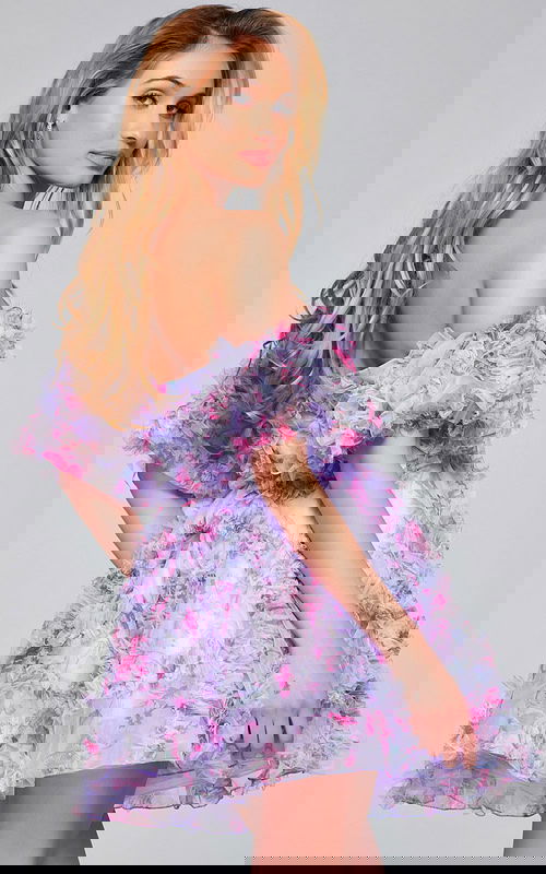 model wearing 40330 lilac mini dress back view