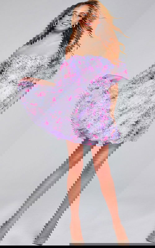 model wearing 40330 lilac mini dress front view