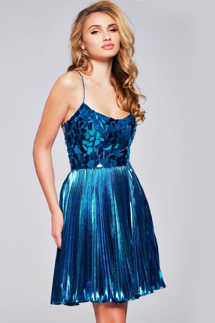 Model wearing Jovani 40350 blue short dress, front view with shimmering mosaic details.