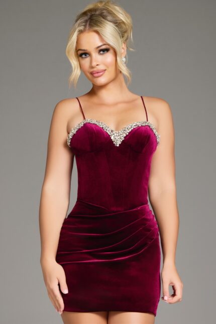 Model wearing Jovani 40360 short burgundy dress with sweetheart neckline front view.