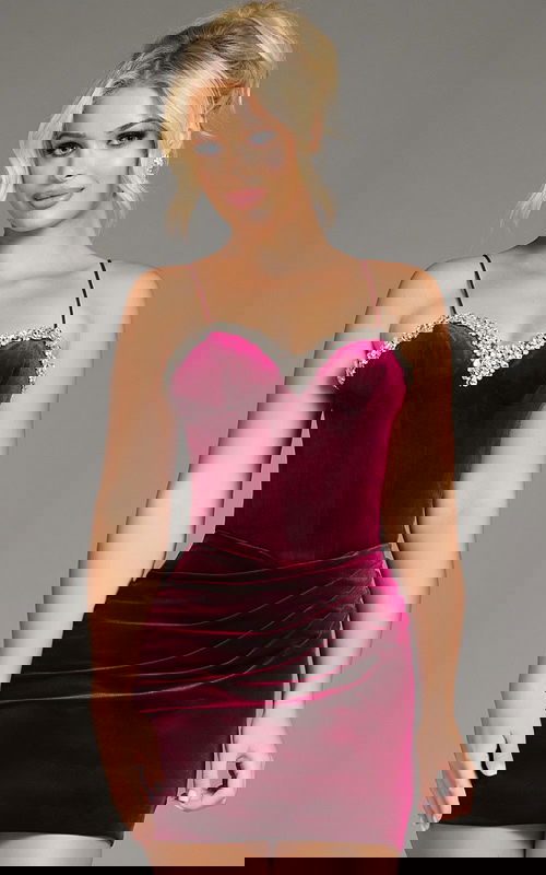 Model wearing Jovani 40360 short burgundy dress with sweetheart neckline front view.