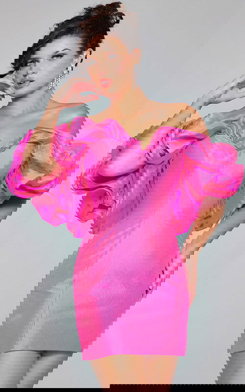 Model wearing Jovani 40378 vibrant pink dress, front view.