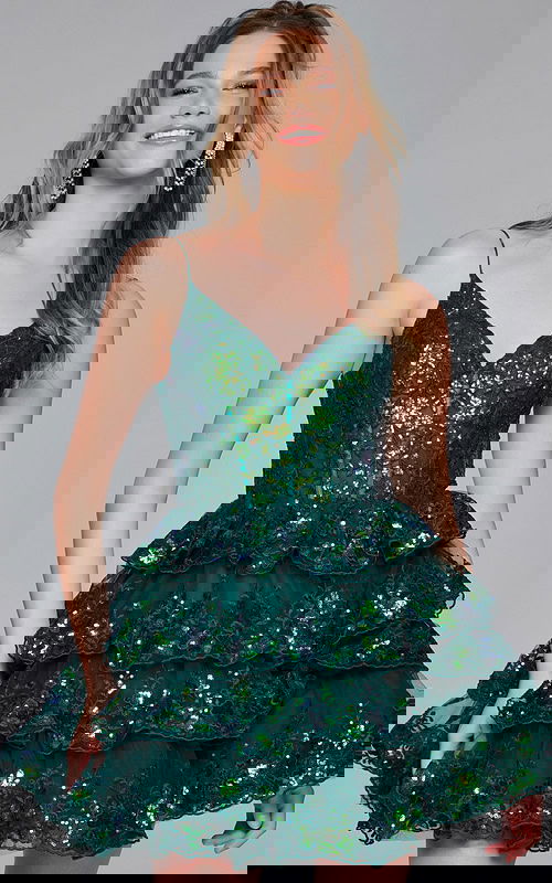 Model wearing Jovani 40382 green mini dress with a sweetheart neckline and ruffled skirt.