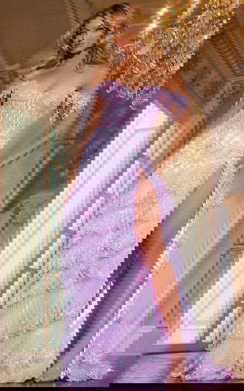 Model wearing Jovani 40397 lilac gown with off-the-shoulder neckline and high slit