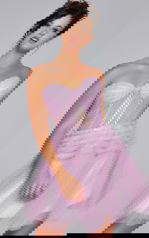 Model wearing Jovani 40467 lilac dress with sweetheart neckline and sheer paneling, front view