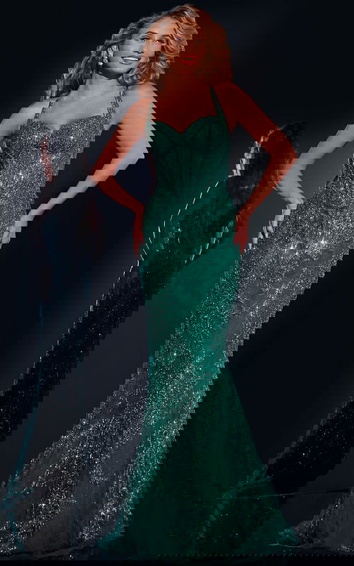 Model wearing Jovani 40470 green mermaid gown with sweetheart neckline and embellishments, front view.