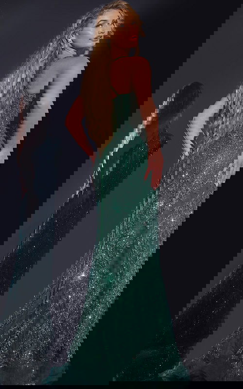 Model wearing Jovani 40470 green mermaid gown with embellishments, back view.