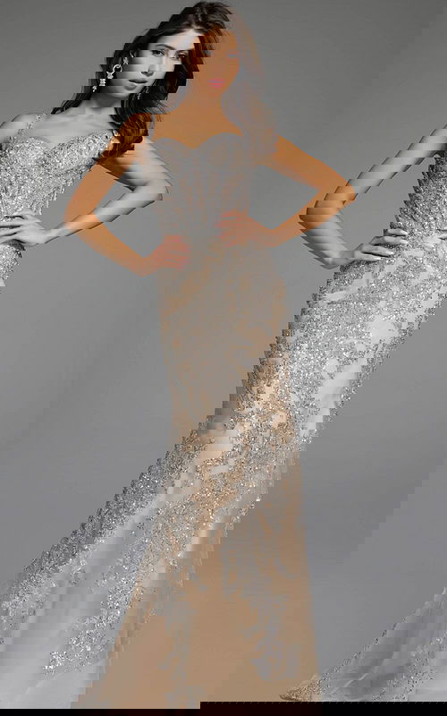 Elegant gown featuring intricate sequin detailing and corset bodice