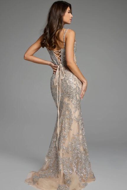 Back view of sleeveless sequin gown with lace-up design
