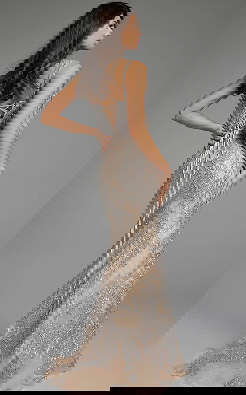 Back view of sleeveless sequin gown with lace-up design