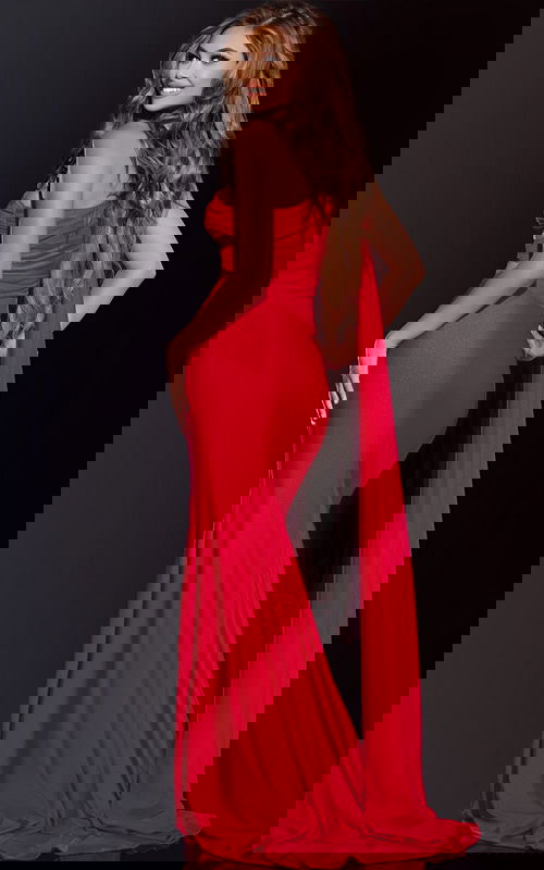 Back view of model in Jovani 40475 red one-shoulder dress showcasing elegant silhouette.