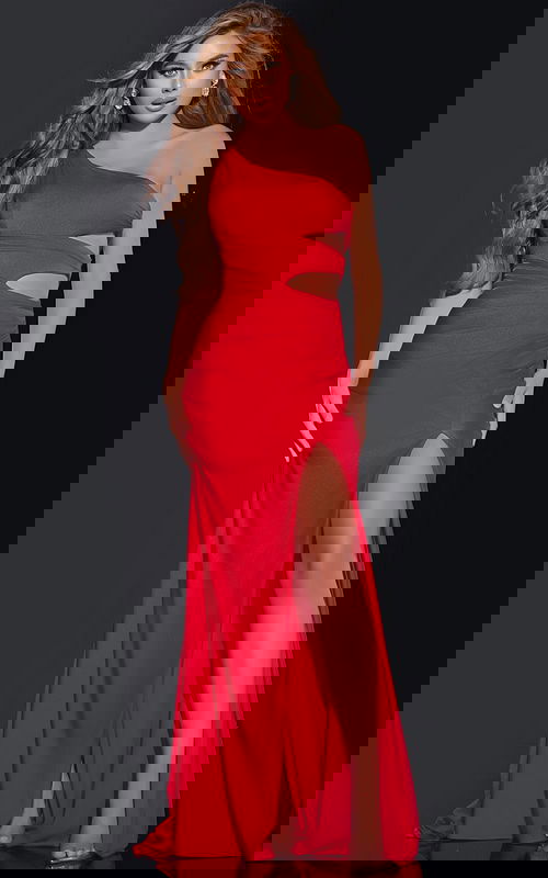 Model wearing Jovani 40475 red one-shoulder dress with high slit and cutout details.