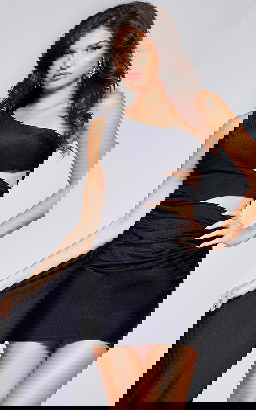 model wearing Jovani 40477 black one-shoulder dress with cutout detail