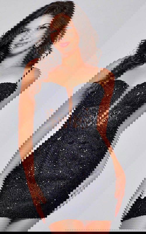 Model wearing Jovani 40498 black mini dress with beaded bodice and sweetheart neckline from the front.